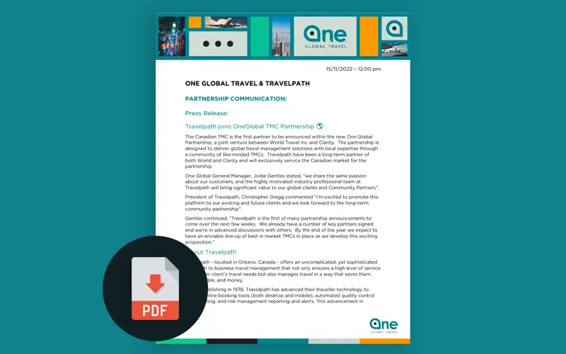 Travelpath digital press release with PDF download icon.