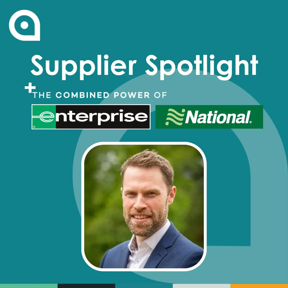 Man in suit smiling, Supplier Spotlight, Enterprise logo on teal background.