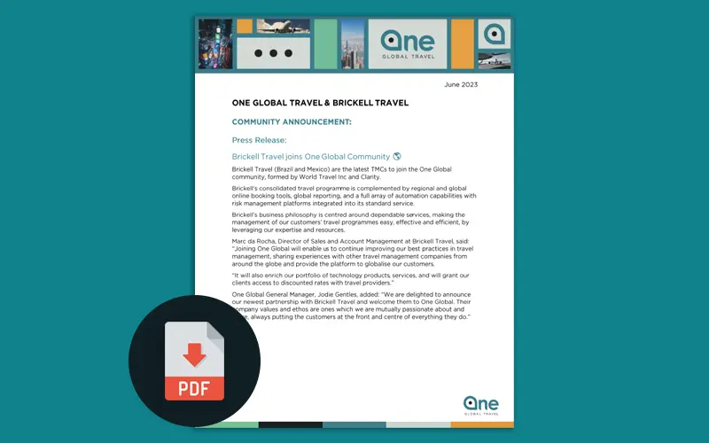 One Global Community & Brickell Travel announcement letter PDF.