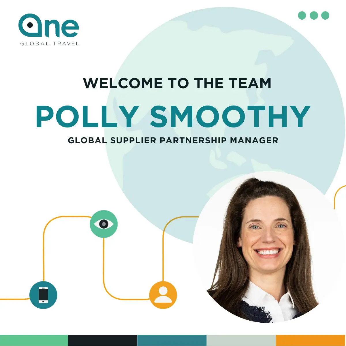 Welcome Polly Smoothy, new One Global team member, smiling woman with long brown hair.