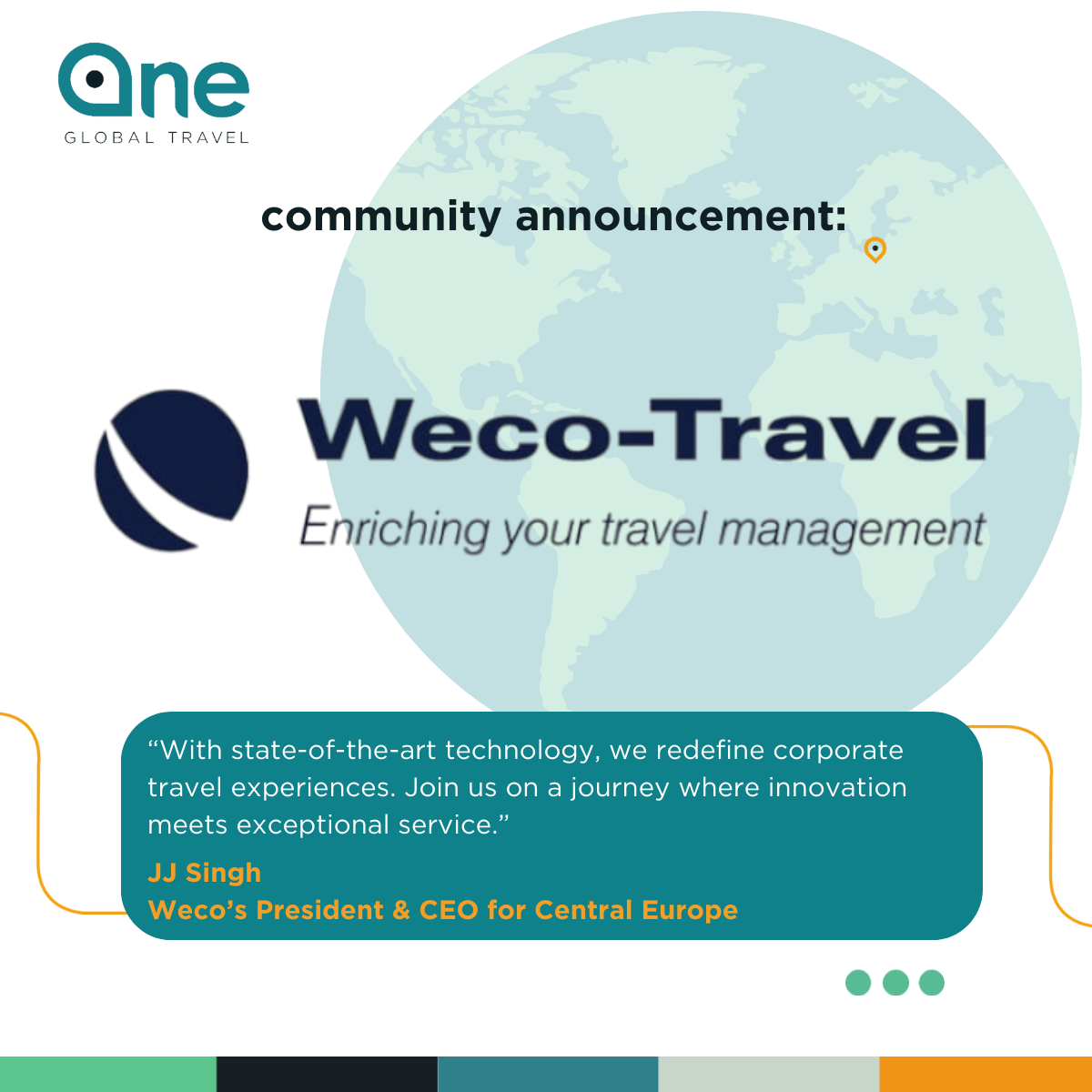 Weco Travel logo and innovation quotation for One Global corporate travel community.