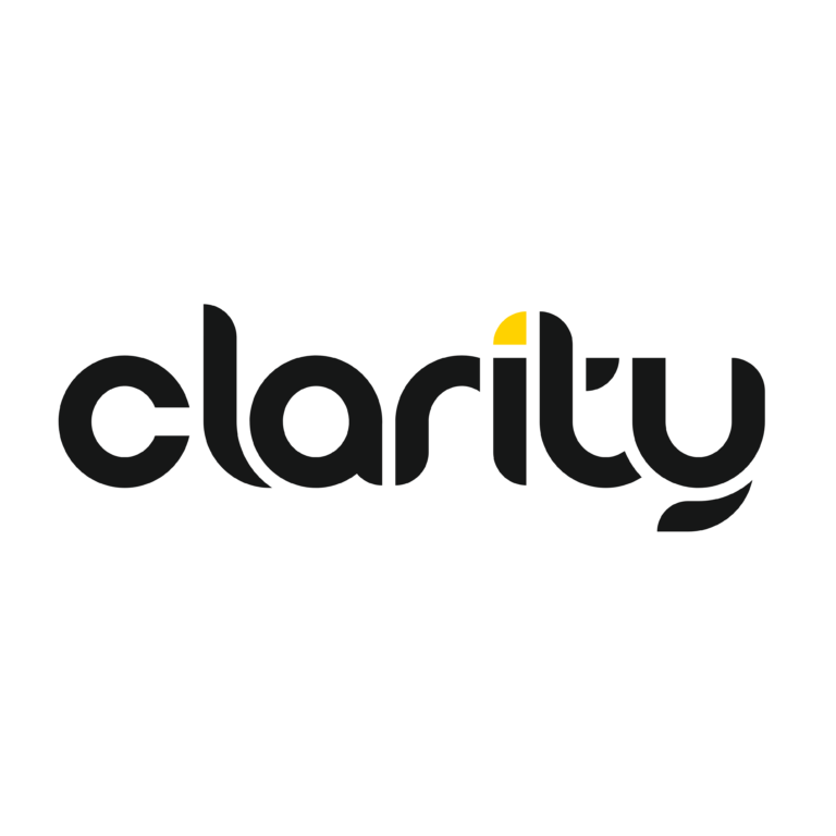 White Clarity logo in rounded modern font on light grey background.