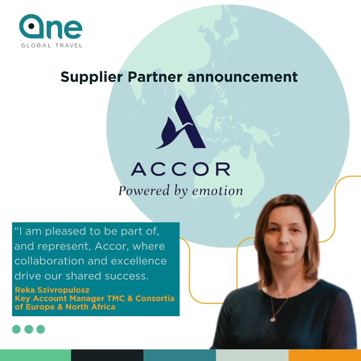 Accor partnership announcement with Key Account Manager Reka Szivroplosz photo and quotation.