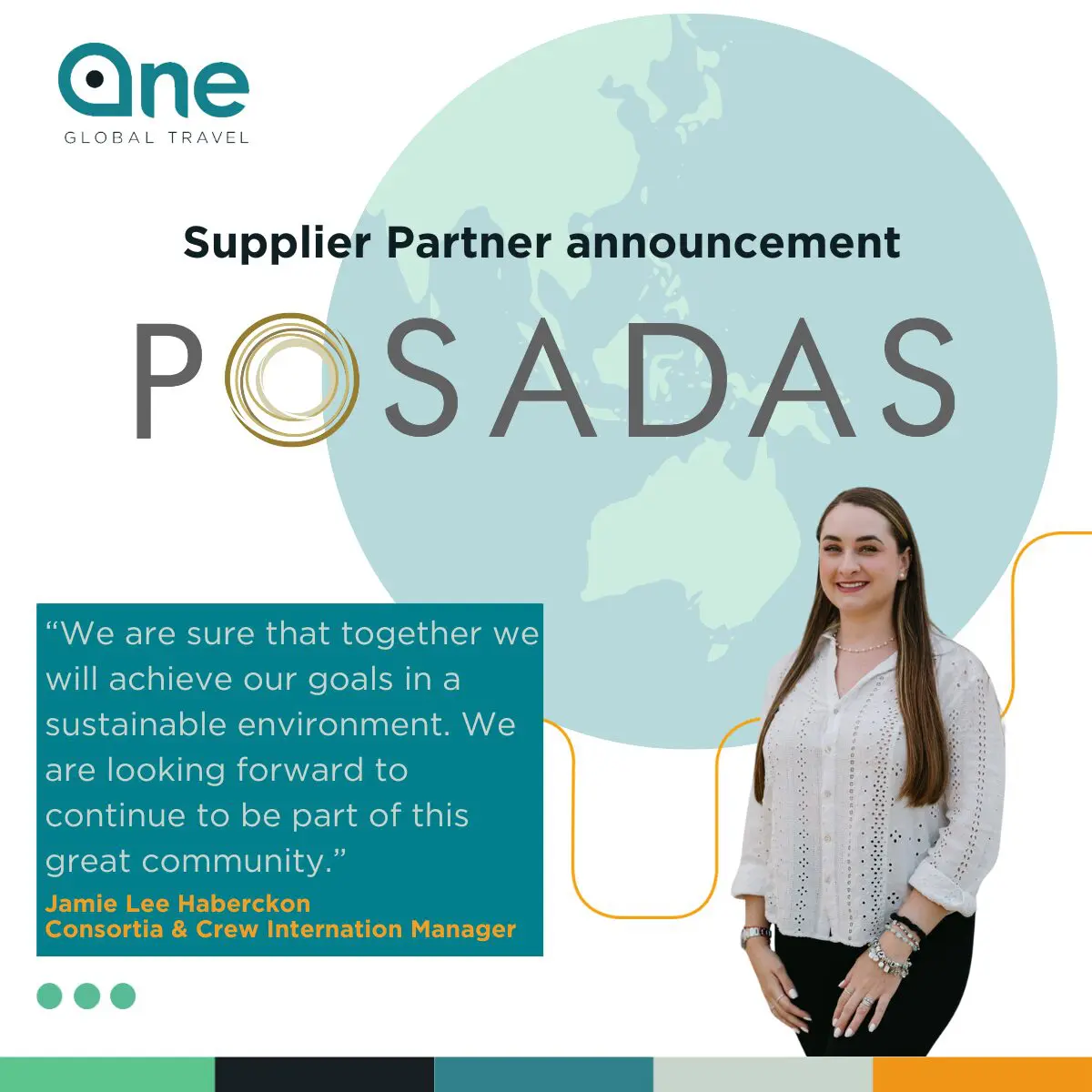 Woman with Posadas Supplier Partner sign by One Global Community.