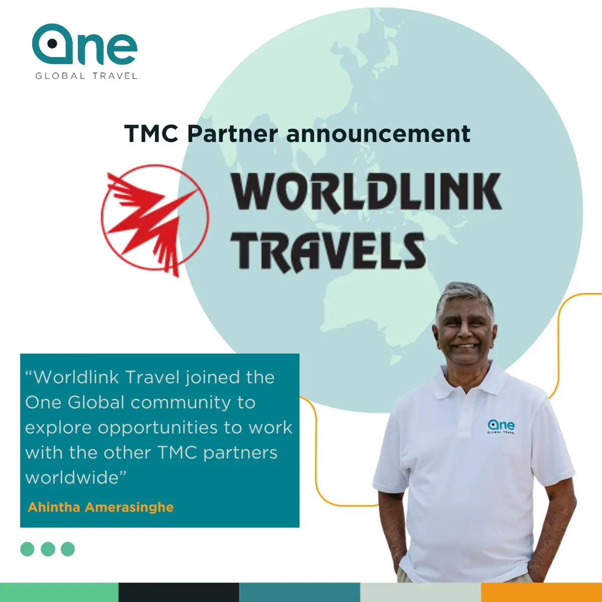 TMC Partner news: Worldlink joins One Global Community; man in branded shirt smiling.