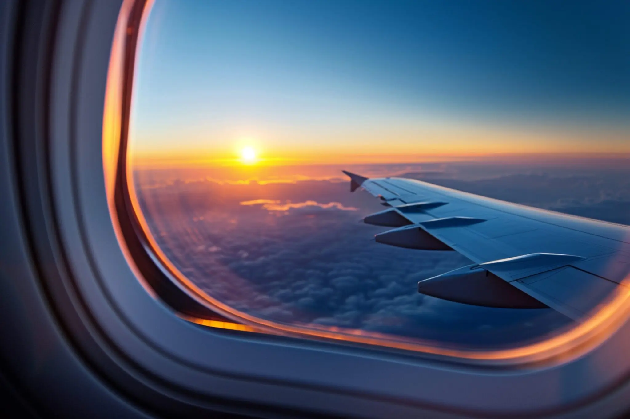 Aeroplane wing and sunset sky seen through plane window in December airline update.