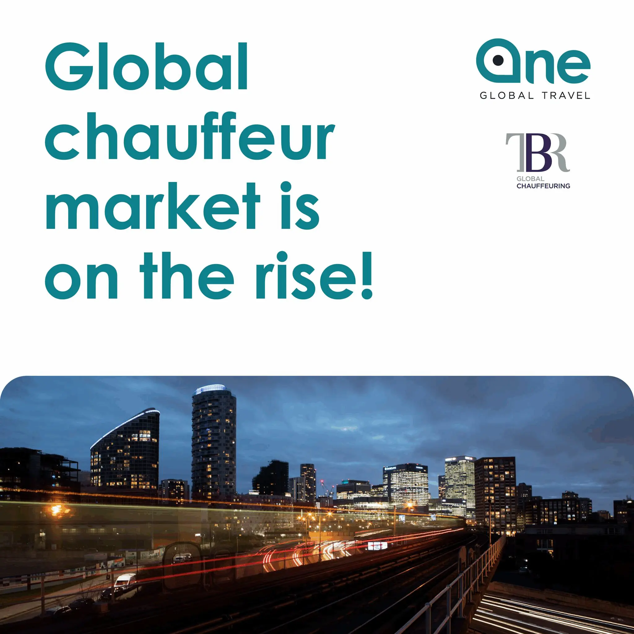 Global chauffeur car market growth with city skyline and dusk backdrop.