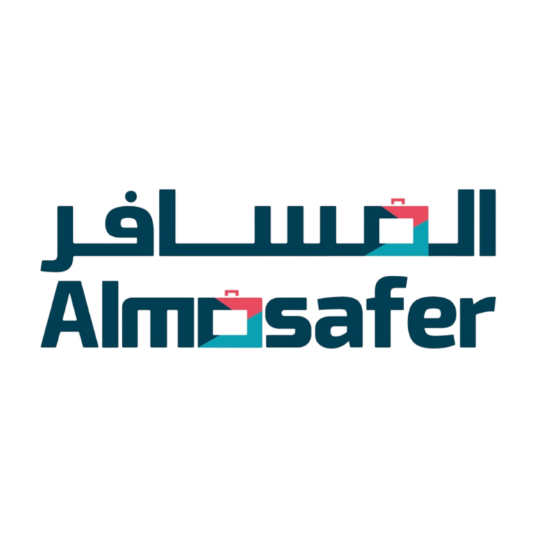 Almosafer BUSINESS white logo with Arabic text on light background.