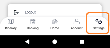 Mobile app menu showing Settings icon highlighted in orange.