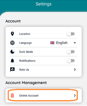 Settings menu with account options and highlighted Delete Account button.