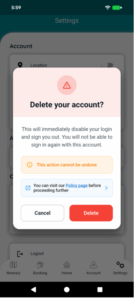 Delete account confirmation pop-up with Cancel and Delete buttons.