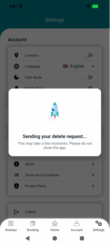 Account settings screen with pop-up: Sending your deletion request.