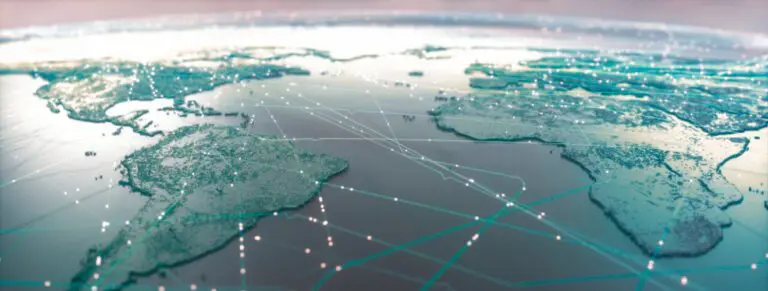 Digital world map with glowing lines and dots showing global connections.
