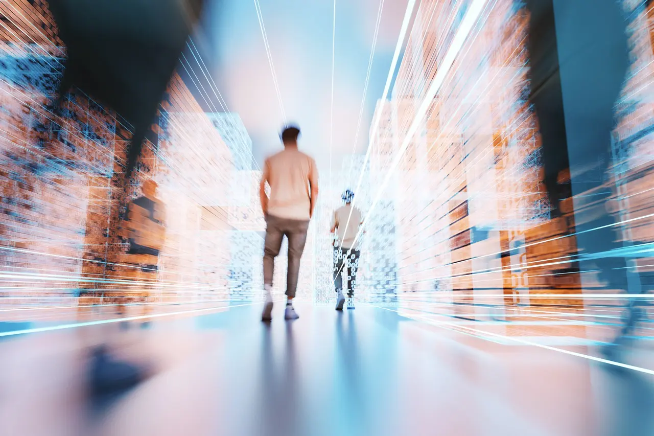 Two people walking in a corridor with abstract lights, representing smart global travel.