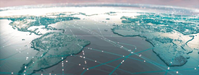 Digital world map with glowing lines and dots showing global connections.