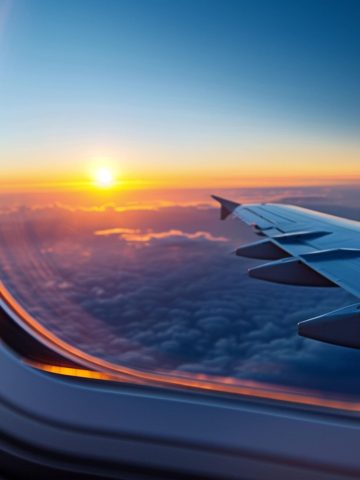 Aeroplane wing and sunset viewed from window, travel themes, clouds in background.